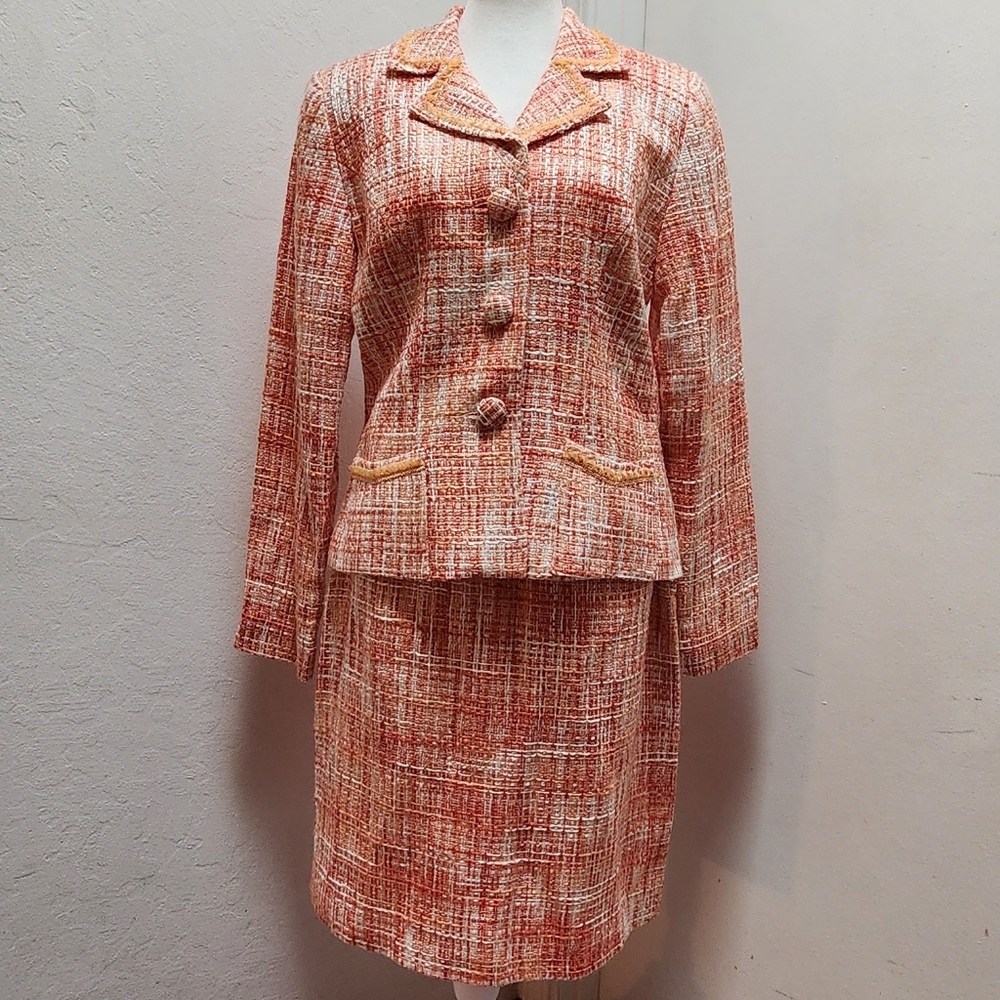 Chacwicks Orange, Peach and Cream Tweed Skirt Suit Set 10 🍑🍊🌞 EUC
